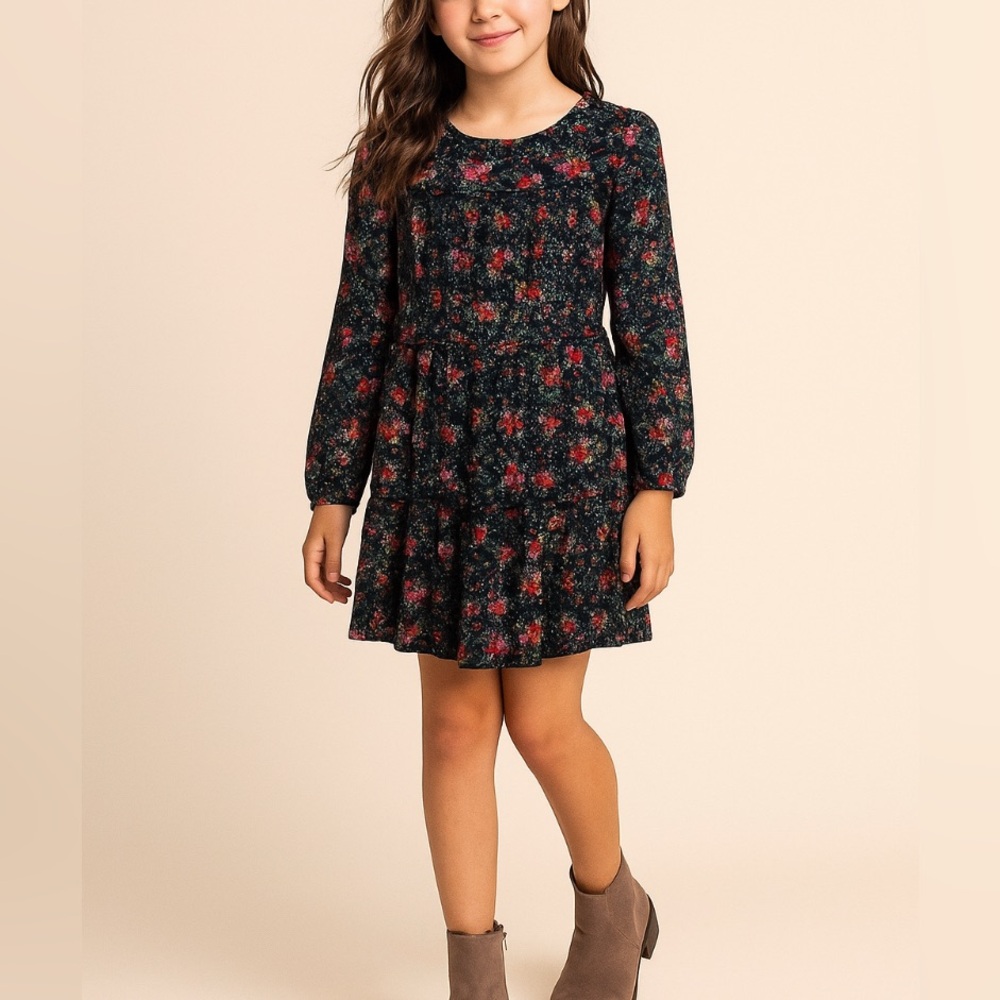 Cat & Jack Girls Black Floral Tiered Dress Size XL 14/16 Long Sleeve